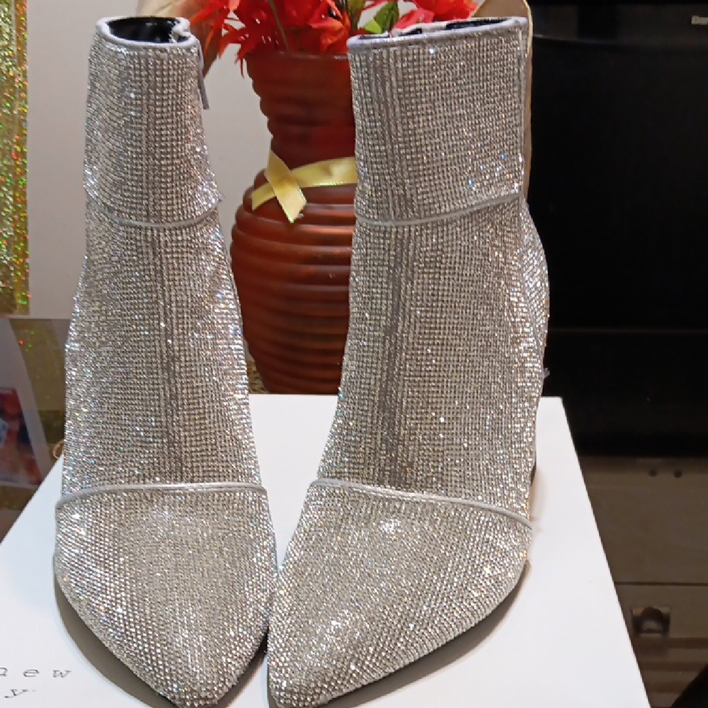 Dazzling Silver Sparkle Heeled Boots with Pointed Toe